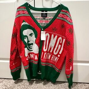 Elf Movie Buddy the Elf Christmas Cardigan Sweater Red Green Mens Large